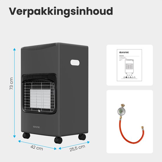 Grijze gaskachel van 73 cm hoog met afmetingen en inhoud van de verpakking.