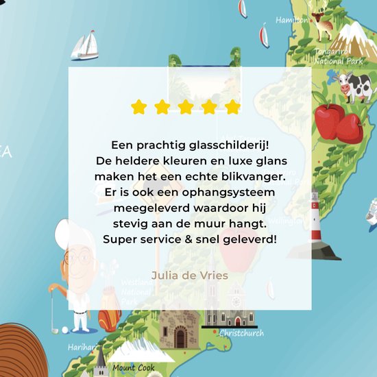 la carte de la Nouvelle-Zélande en plexiglas style cartoon 30x40 cm - Tirage photo sur Glas (Décoration murale en plexiglas) / Mer et Plage