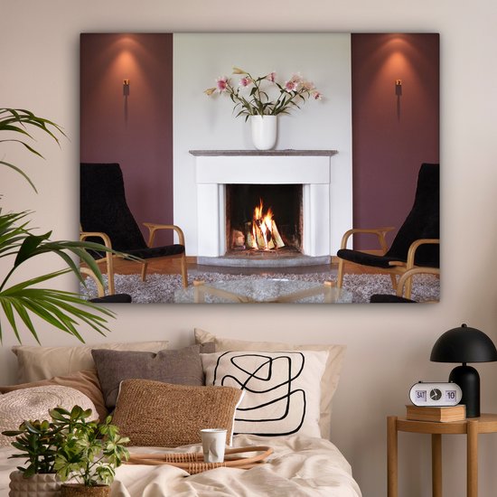 Une cheminée dans un salon 160x120 cm - Tirage photo sur toile (Décoration murale salon / chambre) XXL / Grand format!