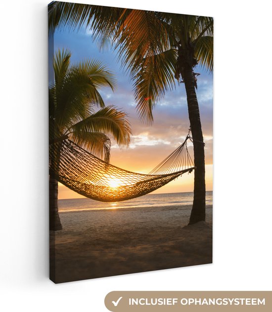 Canvas schilderij 120x180 cm - Wanddecoratie Hangmat op het Caribische strand - Muurdecoratie woonkamer - Slaapkamer decoratie - Kamer accessoires - Schilderijen
