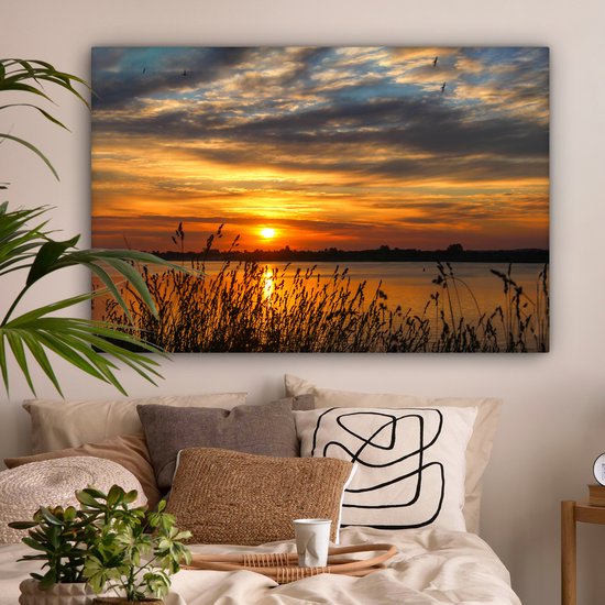 Toile - Peinture - Paysage - Mer - Coucher de soleil - Plantes - Tableau sur toile - Toile - 120x80 cm - Décoration murale de chambre