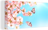 Canvas schilderij - Vlinder - Bloemen - Bloesem takken - Natuur - Roze - Insecten - Schilderij - Canvas schildersdoek - 160x80 cm