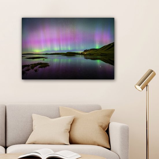 Canvas Schilderij Noorderlicht - IJsland - Paars - 90x60 cm - Wanddecoratie