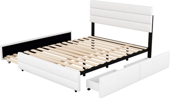 Merax Lit double 140 x 200 - Cadre de lit avec 2 tiroirs et lit gigogne supplémentaire 90 x 190 - Wit