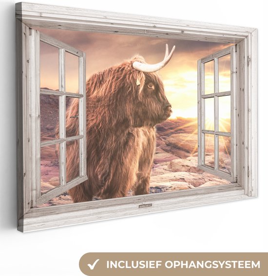 Wanddecoratie - Schotse hooglander - Doorkijk - Zonsondergang - Canvas Schilderij - 120x80 cm