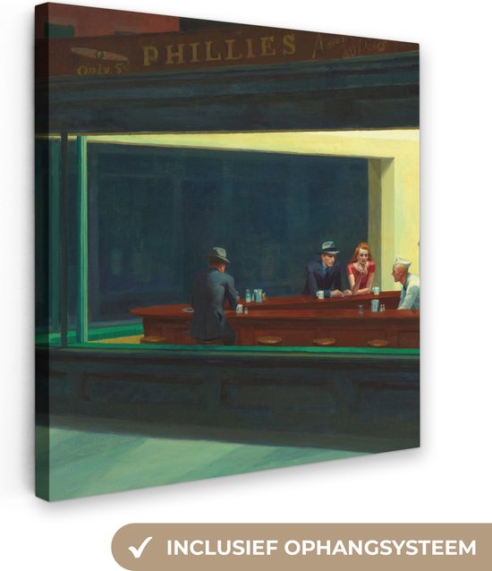 Canvas Schilderij Nighthawks - Edward Hopper - 20x20 cm - Wanddecoratie