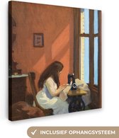 Canvas Schilderij Meisje bij naaimachine - Edward Hopper - 90x90 cm - Wanddecoratie