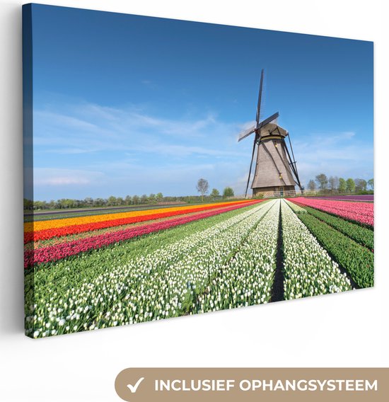 Canvas - Molen - Tulpen - Nederland - Landschap - Woonkamer - 140x90 cm - Canvas schilderij - Wanddecoratie