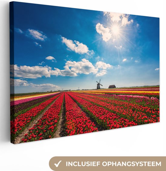 Canvas Schilderij Indrukwekkend tulpenveld in Nederland - 90x60 cm - Wanddecoratie