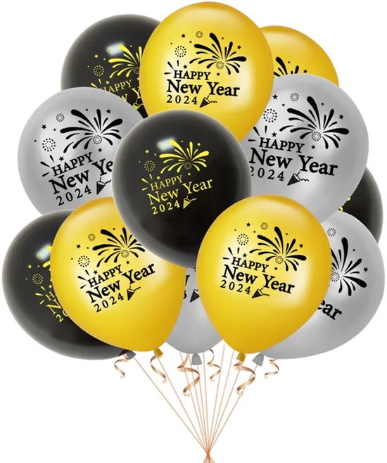 12 Ballons Happy New Year or argent noir - ballon - ancien & nieuw - nouvel  an - 2024