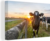 Vaches à côté de la clôture pendant le lever du soleil toile 2cm 90x60 cm - Tirage photo sur toile peinture (Décoration murale salon / chambre) / Animaux de la ferme Peintures sur toile