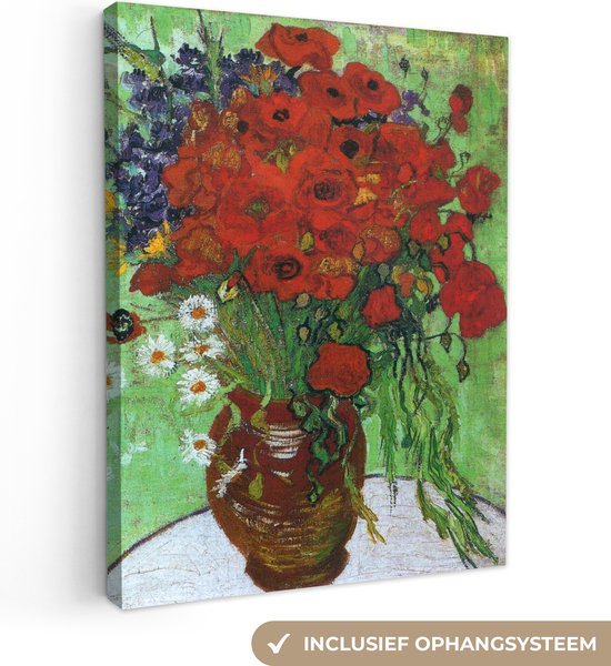 Canvas Schilderij Vaas met rode papavers en madeliefjes - Vincent van Gogh - 60x80 cm - Wanddecoratie