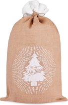 BRUBAKER Kerstzak Dennenboom Merry Christmas - 80 cm Cadeauzak Kerstmis - Kerstman Jute Zak met Koord voor het Inpakken van Cadeaus - Jute Zak Kerstboom Bruin Wit