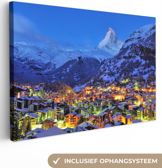 Canvas Schilderij Zonsopgang boven Zwitserse Matterhorn in Zermatt - 90x60 cm - Wanddecoratie