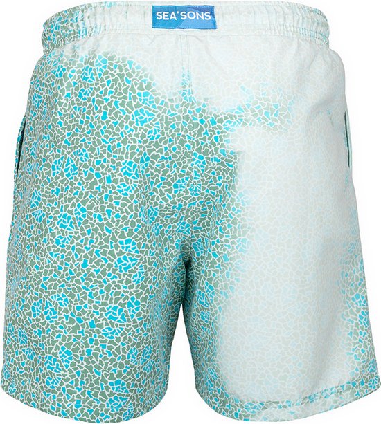Achterkant zwemshort met mozaïekpatroon in mintgroen en blauw, met het SEA'SONS logo.