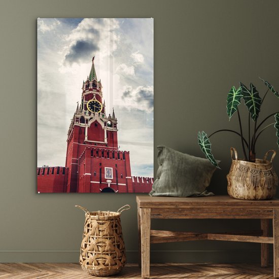 ® Glasschilderij 60x90 cm - Schilderij acrylglas - De Spasskayatoren uit de Russische revolutie - Foto op glas - Muurdecoratie woonkamer - Wanddecoratie slaapkamer - Schilderijen
