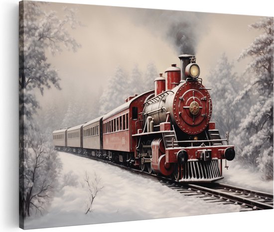 Artaza Canvas Schilderij Kerstmis Locomotief Trein in de Winter - 90x60 cm - Wanddecoratie Woonkamer - Schilderijen - Muurdecoratie