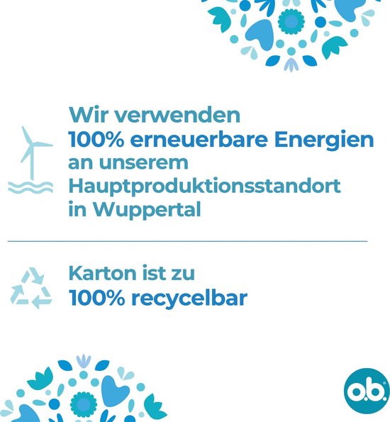 O.B. tampons. 100% hernieuwbare energie in Wuppertal. Karton is 100% recyclebaar. Blauw en wit met bloemenpatroon.