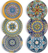 Porseleinen saladebord, 21 cm, Kleurrijk ontbijtbord, Keramisch dessertbord, 6-delige set kleine ronde borden met patroon en kleurrijk - Bohemian stijl.