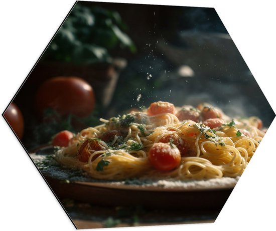 Dibond Hexagon - Spaghetti - Tomaten - Kaas - Eten - Bord - 70x60.9 cm Foto op Hexagon (Met Ophangsysteem)