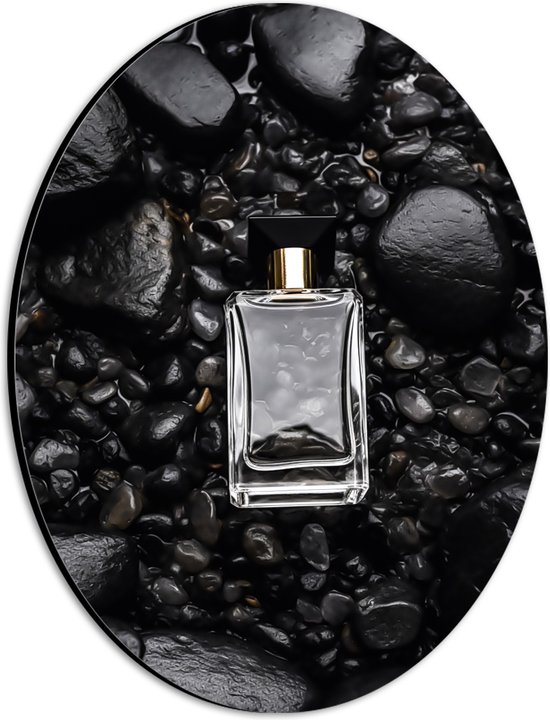 Dibond Ovaal - Parfum - Flesje - Goud -Zwart - Stenen - 21x28 cm Foto op Ovaal (Met Ophangsysteem)