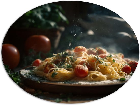 Dibond Ovaal - Spaghetti - Tomaten - Kaas - Eten - Bord - 108x81 cm Foto op Ovaal (Met Ophangsysteem)