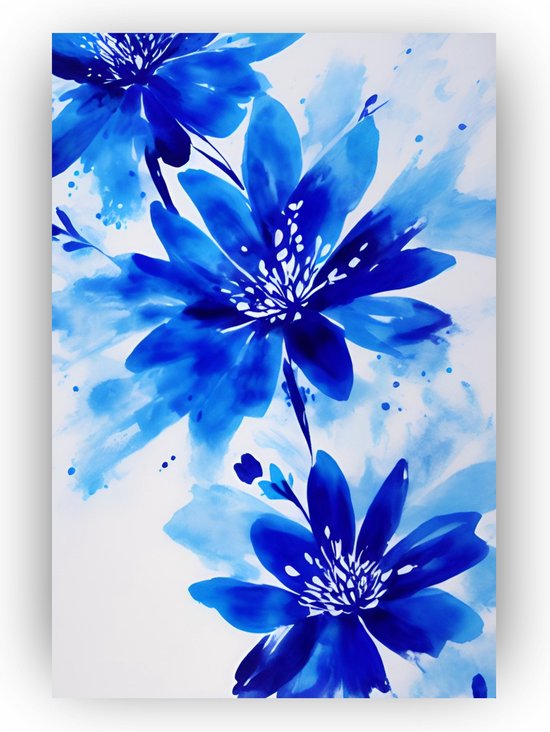 Blauwe bloemen poster - Poster bloemen - Abstracte bloemen poster - Poster abstract - Poster woonkamer - Aquarel poster - 40 x 60 cm