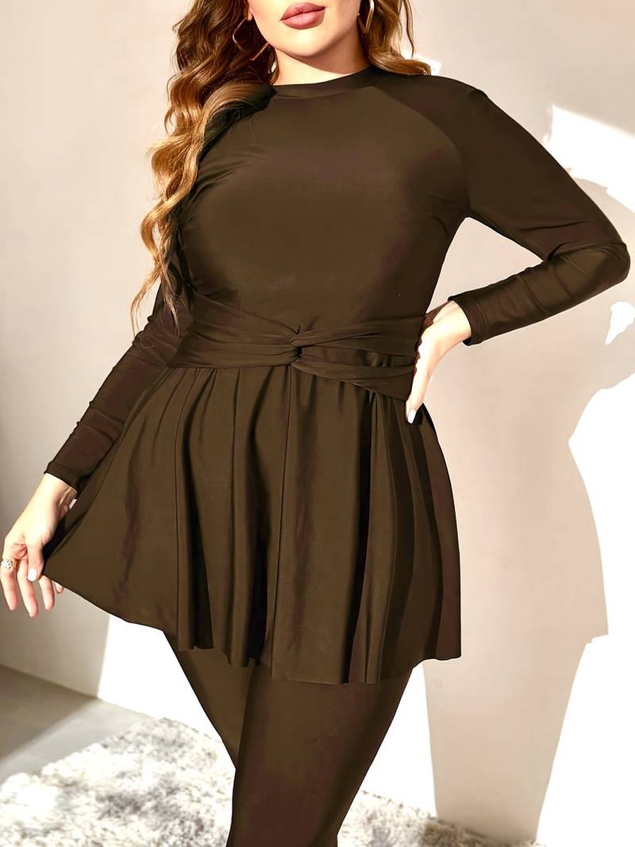 Burkini Islamitisch Zwempak - Boerkini Moslima - Grote Maten Bescheiden Tankini set - Dames Lange Mouw Effen Kleur Zonwering Watersport Rok Top en Zwemlegging - 2 - delige Burkini set islamitische Zwemkleding - Bruin — afbeelding 2
