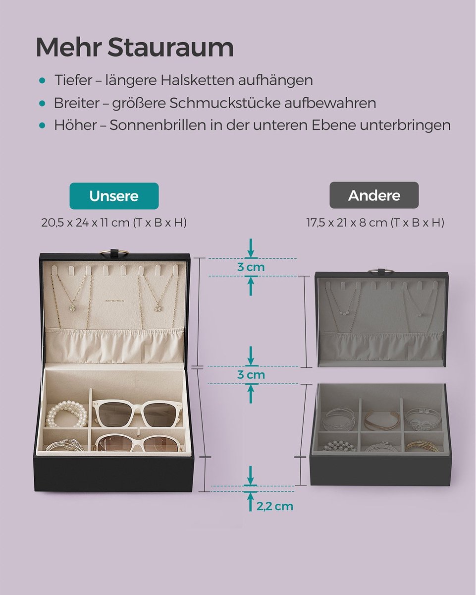 Schmuckkästchen 2 Ebenen mit Griff und flexiblem Schmucktablett schwarz