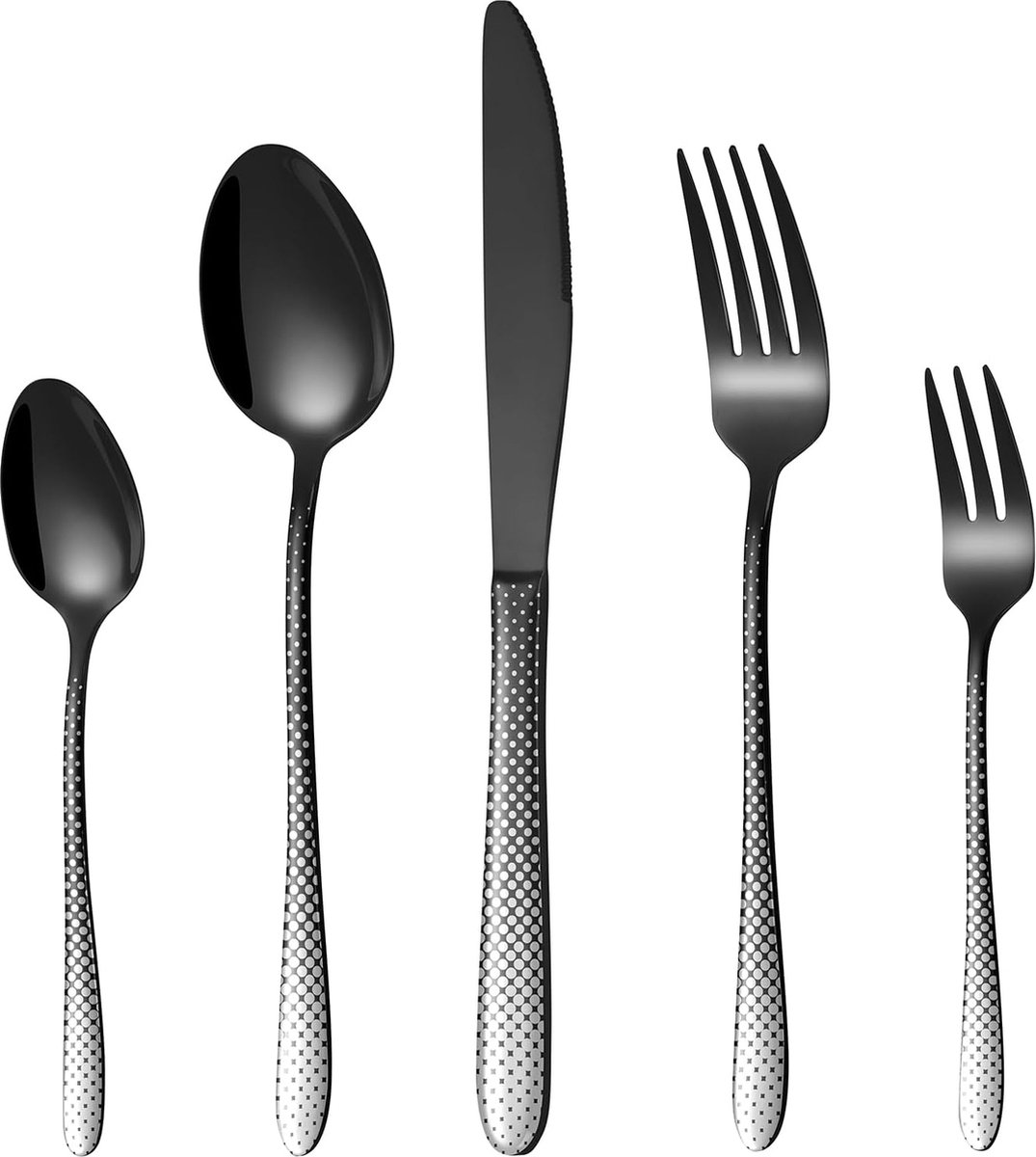 30-delige bestekset voor 6 personen, roestvrij staal, zwart, bestek met uniek laserpuntpatroon, messen, vork en lepel, vaatwasmachinebestendig