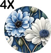 BWK Flexibele Ronde Placemat - Kunstige Wit met Blauwe Bloemen - Set van 4 Placemats - 40x40 cm - PVC Doek - Afneembaar