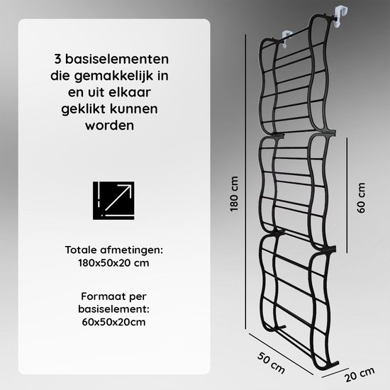 Life's Green Schoenenrek deur – Voor alle binnendeuren – Schoenenrek hangend voor 24 tot 36 Paar Schoenen – Schoenenkast - H180xB50xD20cm – Schoenenopberger – Kunststof/Metaal – Zwart