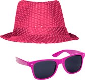 Toppers in concert - Carnaval verkleed set compleet - hoedje en zonnebril - roze - heren/dames - glimmend - verkleedkleding