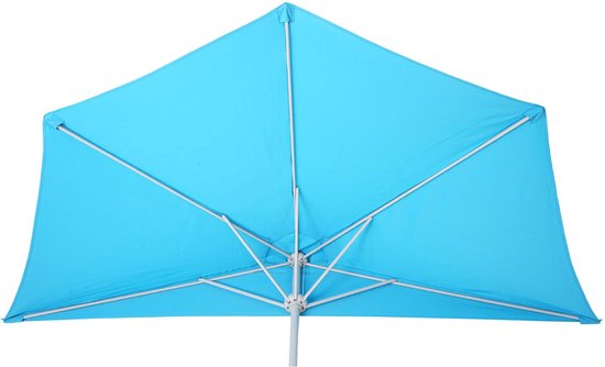 Onderkant van een vierkante turquoise parasol met witte baleinen, deels gesloten.