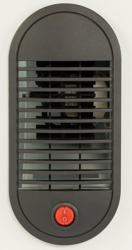 Een donkergrijze ovale verwarming met een zwarte grill en een rode aan/uit-schakelaar.