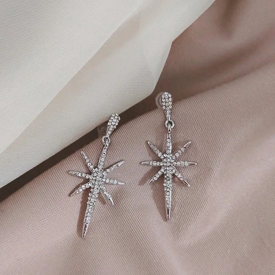 stylishious oorbellen zilveren ster met schitterende steentjes voor dames en meisjes zilverkleurig
