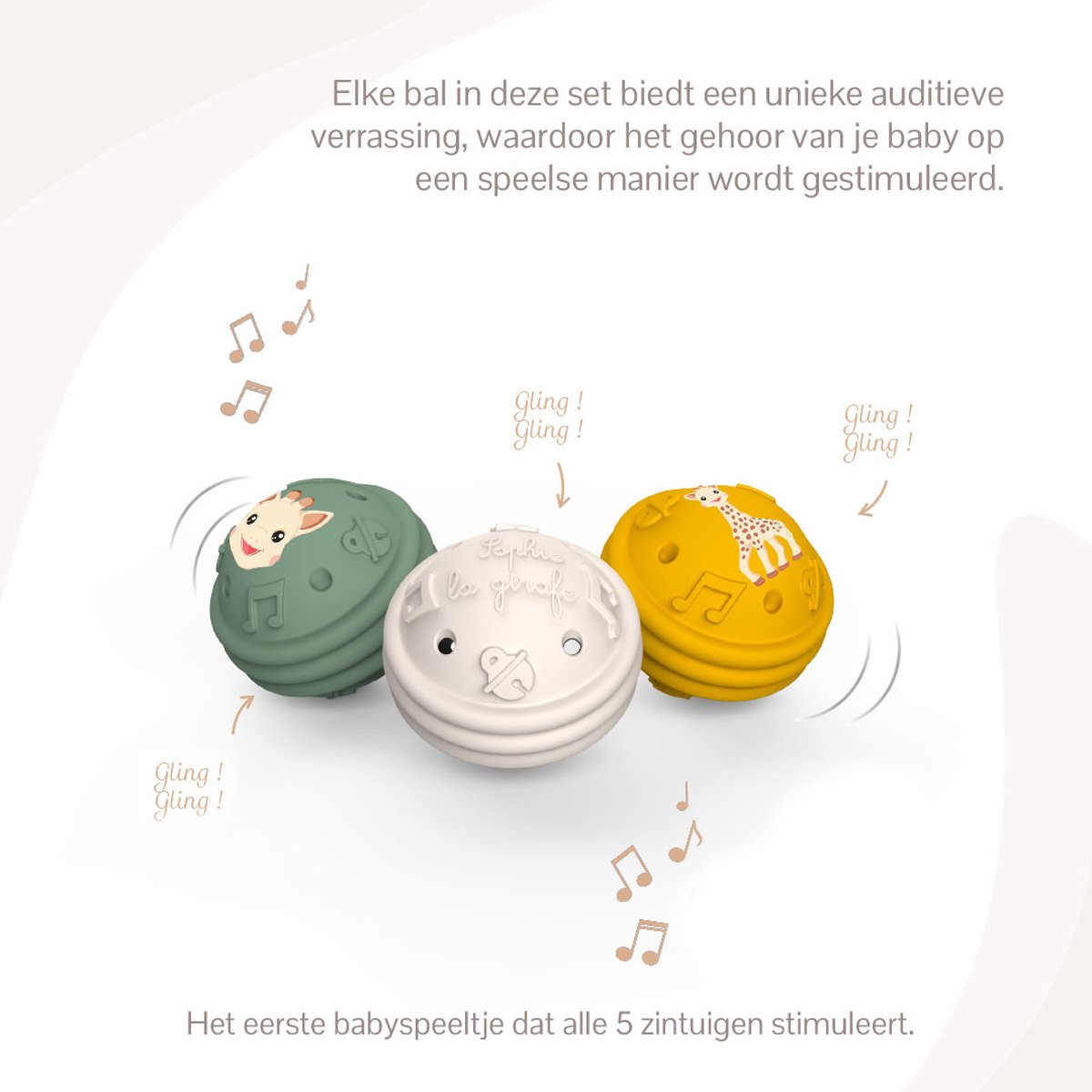 Sophie de giraf Muzikale Speelballen - 5-Senses Collectie - Speelgoedbal - Babyspeelgoed - 100% Natuurlijk rubber - OK-Biobased - Vanaf 3 maanden - Geel/Wit/Groen - 3 Stuks — afbeelding 3