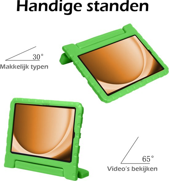 Groen kindvriendelijk tablet hoesje in 30° typstand en 65° kijstand.