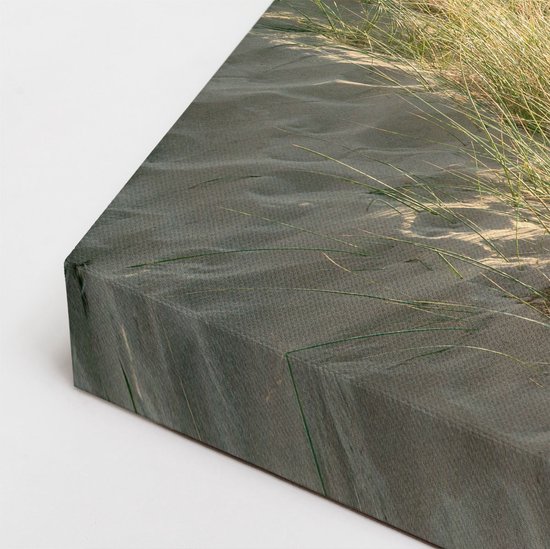 Gros plan d'une impression sur toile avec du sable et de l'herbe des dunes.