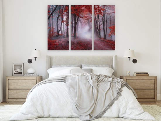 Artaza Peinture sur Toile Triptyque Forêt Rouge avec Arbres - 150x100 - Groot - Photo sur Toile - Impression sur Toile