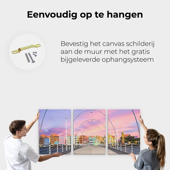 Artaza Peinture sur toile Triptyque Maisons colorées de Willemstad à Curaçao - 180x80 - Groot - Photo sur toile - Impression sur toile