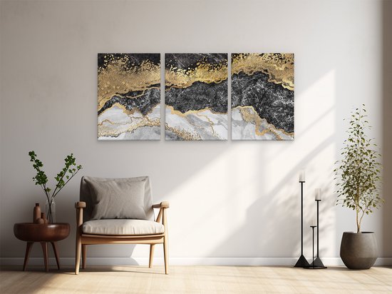Artaza Peinture sur Toile Triptyque Art Abstrait - Zwart avec Marbre Witte - 180x80 - Groot - Photo sur Toile - Impression sur Toile