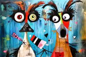 JJ-Art (Canvas) 90x60 | Grappige honden in Herman Brood stijl, humor, kleurrijk, abstract, kunst | dier, hond, blauw groen, bruin, rood, modern | Foto-Schilderij canvas print (wanddecoratie)