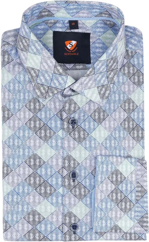 Suitable - Twill Overhemd Ruiten Blauw - Heren - Maat 41 - Slim-fit