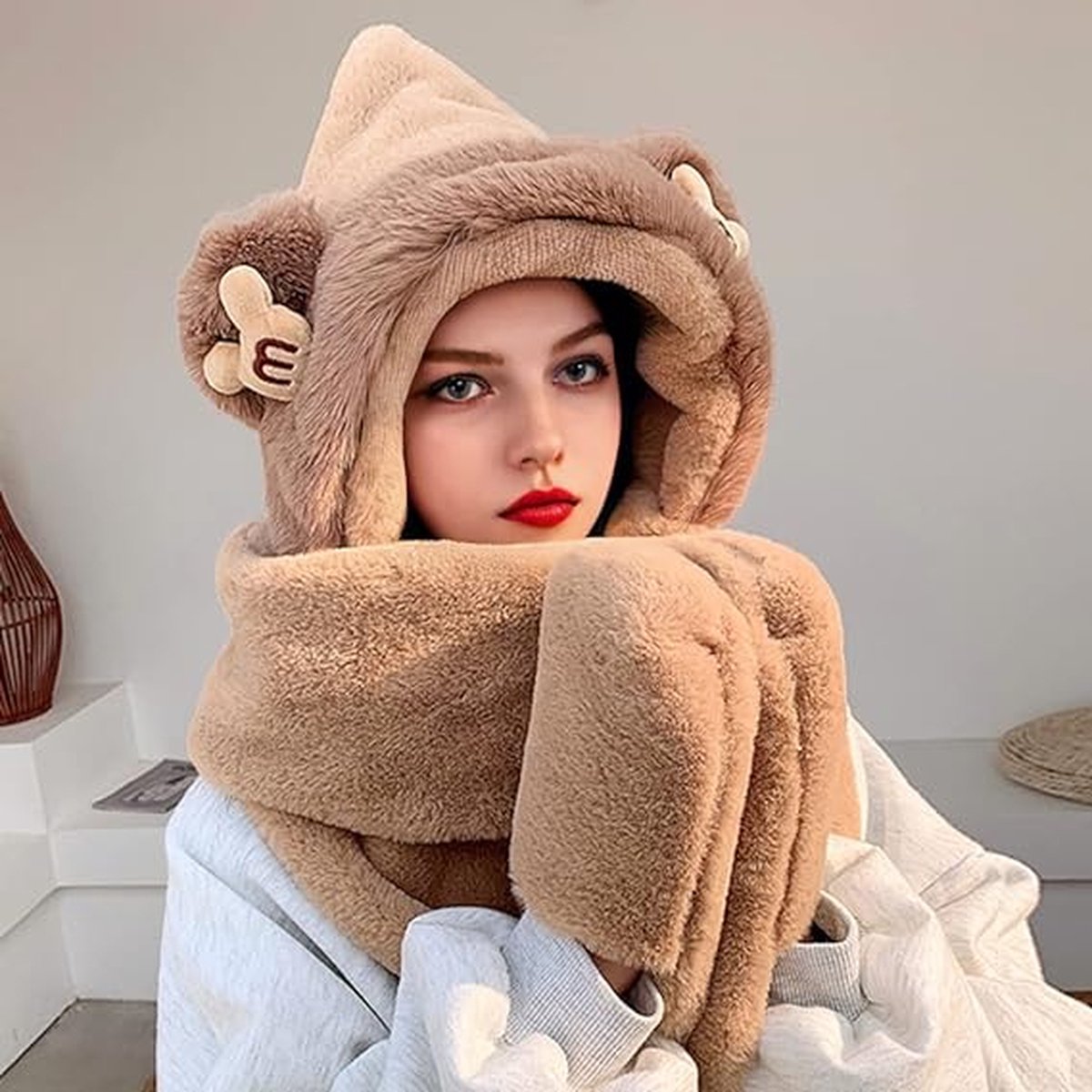 Écharpe à capuche en peluche avec poche, ensemble de gants, écharpe d'hiver,  bonnet, oreille de