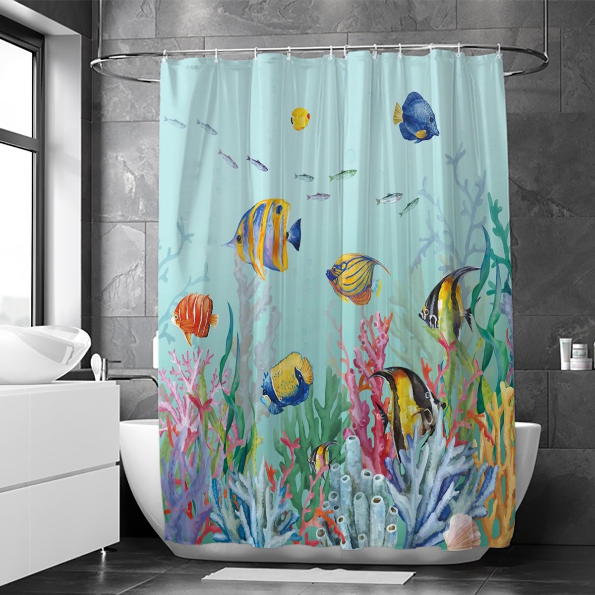 Floraweg Douchegordijn,Shower Curtain,badgordijn,badkamergordijn,onderwaterwereld, kustkust, golven, bloemen , digitale printen -Anti Schimmel - Inclusief 12 ringen -met 12 stuks douchegordijnhaken – Waterdicht -Wasbaar- Polyester - 180x200 cm — afbeelding 3