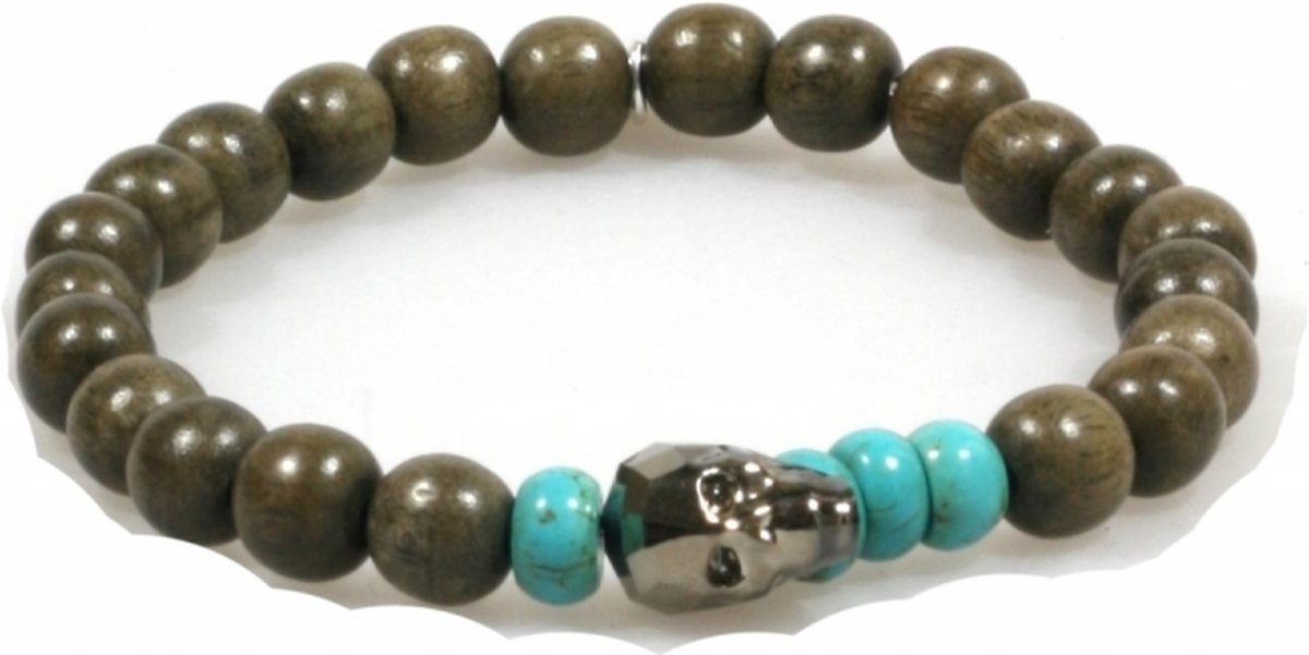 Heaven Eleven Men - taupe Hout 8mm Swarovski Skull- 21cm