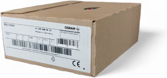 Kartonnen verpakking van Osram halogeenlampen, met productinformatie en CE-markering.