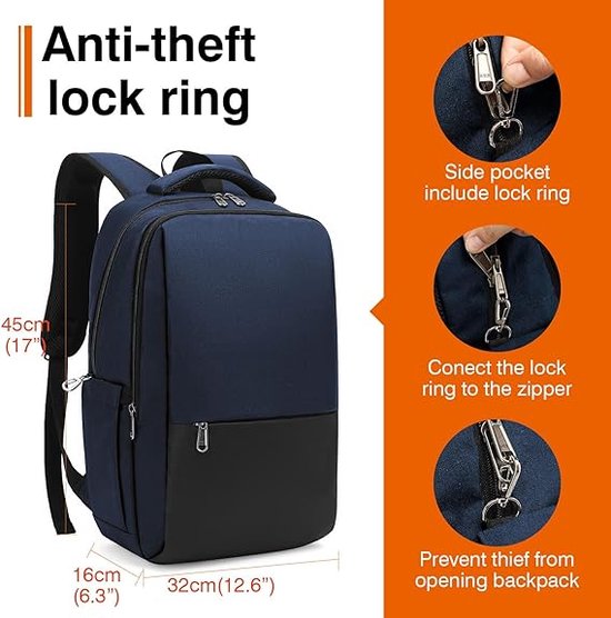 Besttravel Laptoprugzak, laptoprugzak met diefstalbeschermingsring, 15,6 inch (39,6 cm) notebook, laptoprugzak, waterdichte rugzak voor heren, voor school, werk of reizen, blauw