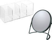 Spirella Make-up organizer en spiegel set - 4 vakjes - plastic/metaal - 5x zoom spiegel - donkergroen/transparant